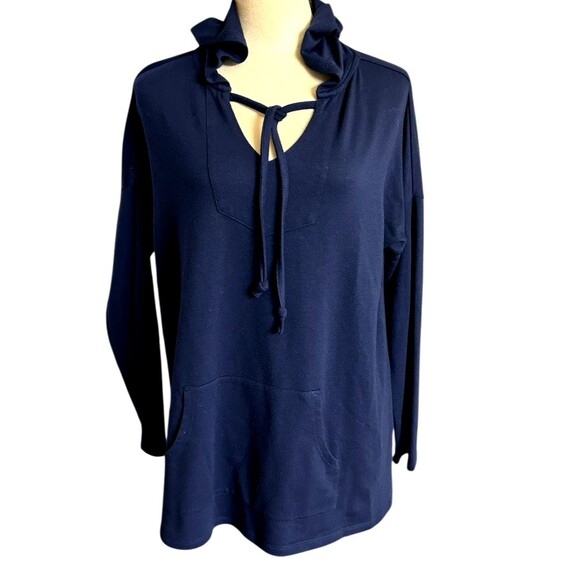 Soft Surroundings Hoodie Tie V Neck Blue Pullover Viscose Stretch Women's  PXL - Picture 1 of 8